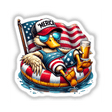 Duck American Flag Float Merica: Cartoon duck wearing sunglasses and a hat, sitting on a float, available as stickers or digital artwork.