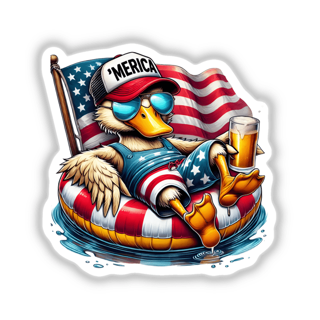 Duck American Flag Float Merica: Cartoon duck wearing sunglasses and a hat, sitting on a float, available as stickers or digital artwork.