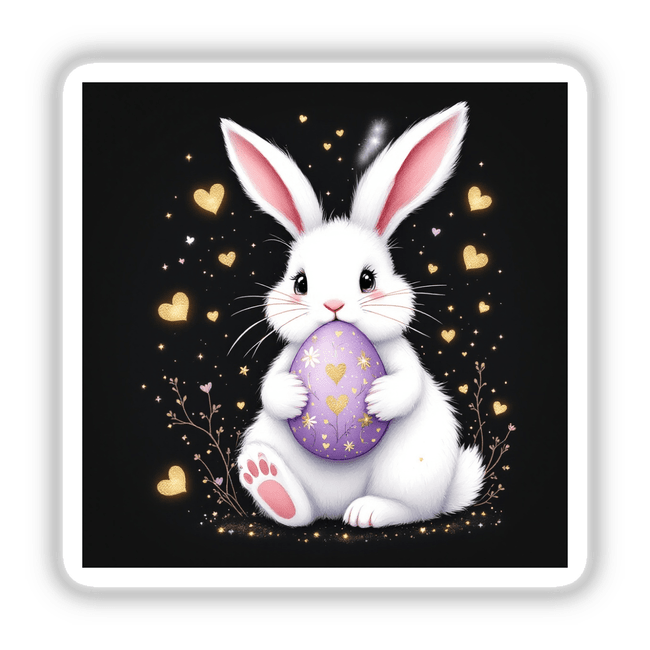 White Bunny with Lavender Egg and Glitter Hearts