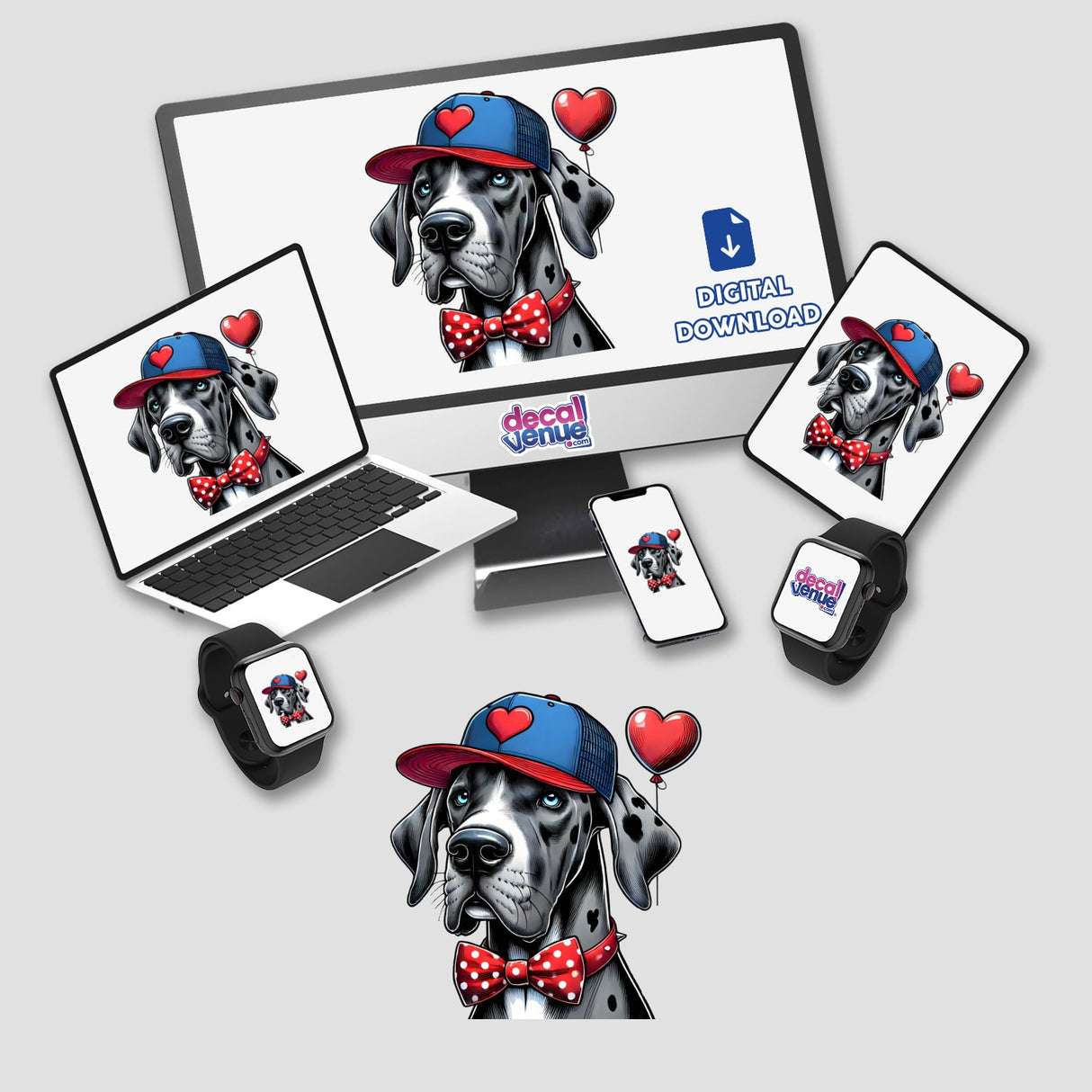 Great Dane Dog with Heart Hat sticker or digital artwork featuring a dog wearing a hat and bow tie, displayed on various electronic screens, available at Decal Venue.