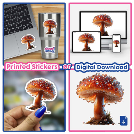 Beautiful Mushroom with Dew Drops sticker collage featuring detailed close-ups of the mushroom, emphasizing the delicate water droplets and intricate textures. Available as stickers or digital artwork.