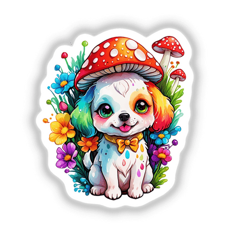 Kawaii puppy with a mushroom hat, surrounded by flowers and a cartoon cat, available as stickers or digital artwork.