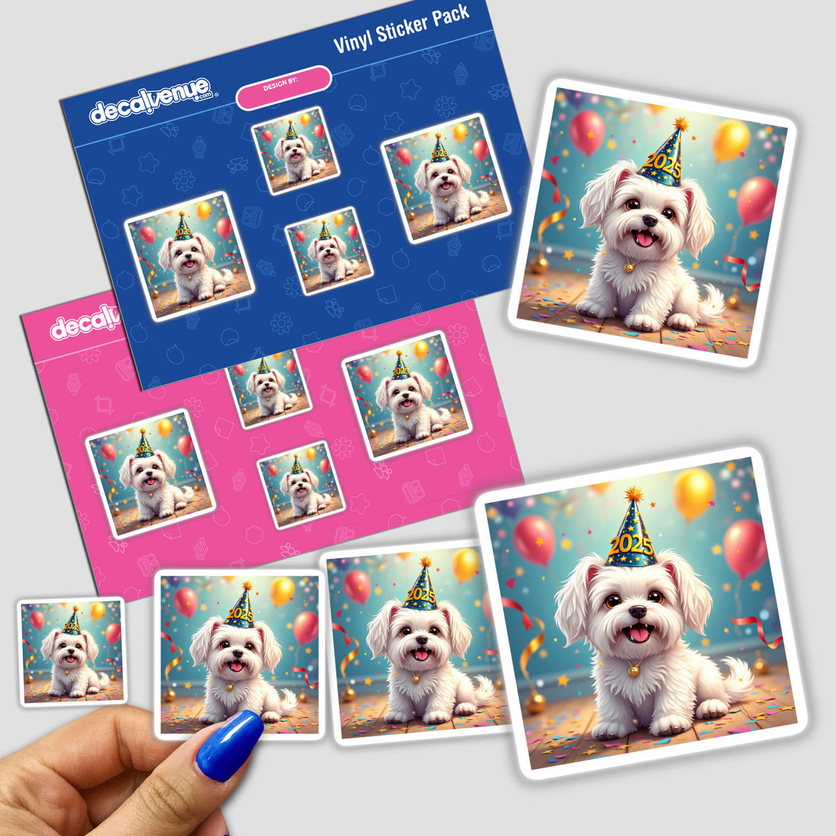 New Year’s Maltese Sticker & Clipart with Commercial Rights features a cheerful white dog in a party hat, perfect for stickers or digital artwork, capturing festive canine charm.