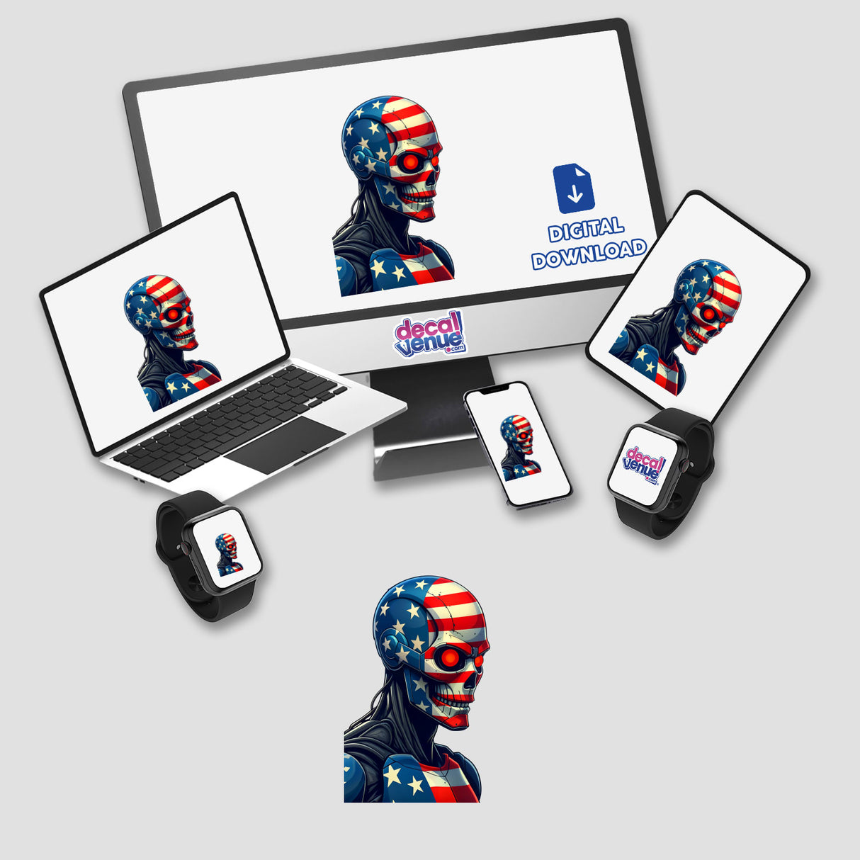 A Cool American Flag Army Cyborg design displayed on computer monitors and devices, available as stickers or digital artwork, featuring a skull with patriotic elements.