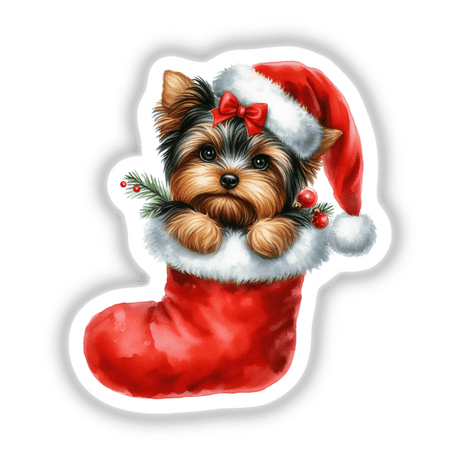 Watercolor Peeking Santa Yorkie Dog in Christmas Stocking, available as stickers or digital artwork, featuring a cute cartoon Yorkie wearing a Santa hat, nestled inside a festive stocking.