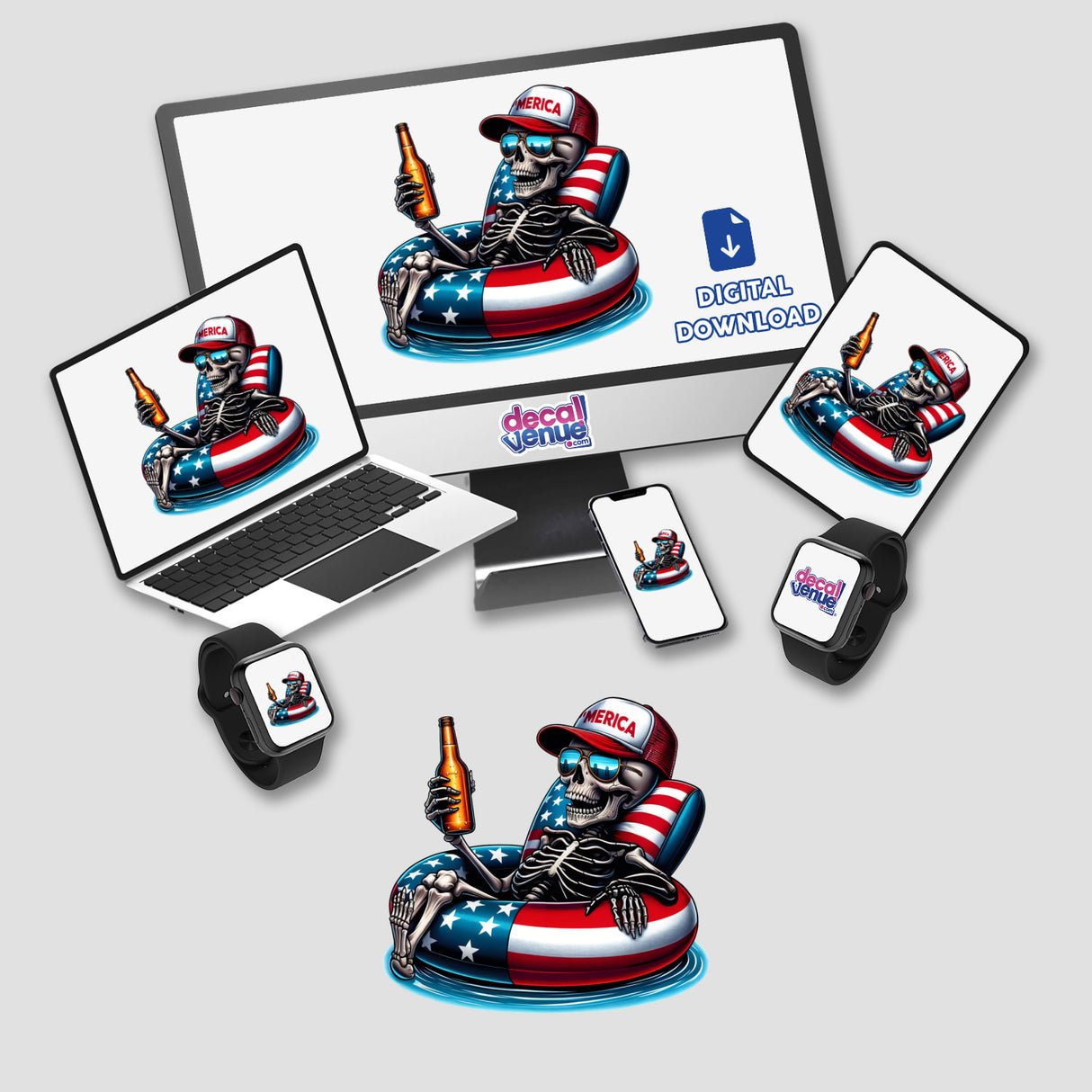 Computer monitor and laptop displaying Skeleton American Flag Float Merica artwork, offered as stickers or digital artwork.