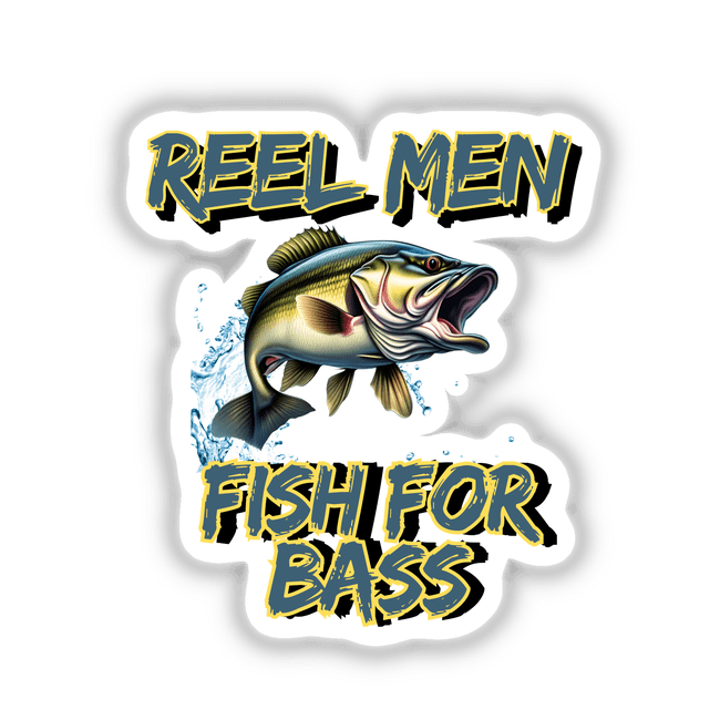 Bass fishing sticker featuring a cartoon fish with its mouth open, mid-jump, and a stylized blue and yellow logo. Available as stickers or digital artwork.