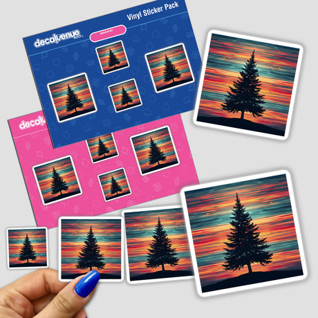 Hand holding a sticker pack titled Christmas Tree Silhouette with Dynamic Stripes, featuring a tree silhouette against a colorful sky, available as stickers or digital artwork.