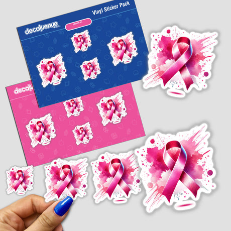 Watercolor Splash Pink Ribbon Breast Cancer Awareness stickers featuring detailed pink ribbon designs, perfect for supporting awareness. Available as physical stickers or digital artwork.