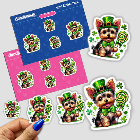 Stickers depicting a St Patricks Irish Yorkie Dog holding a lollipop, adorned in a hat and bow tie, available as vinyl stickers or digital artwork from Decal Venue.