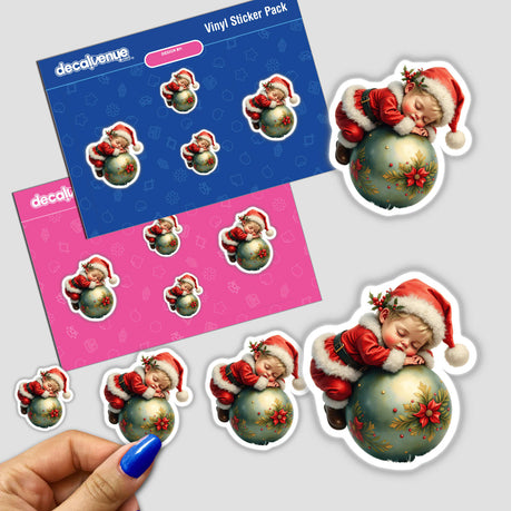 Baby Santa Sleeping on Christmas Ornament sticker pack featuring close-up images of a baby on Christmas balls and festive decorations, available as stickers or digital artwork.