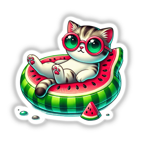 Cat on Watermelon Float sticker or digital artwork featuring a cartoon cat wearing sunglasses, lounging on a watermelon float. Perfect for adding a quirky touch to your collection.