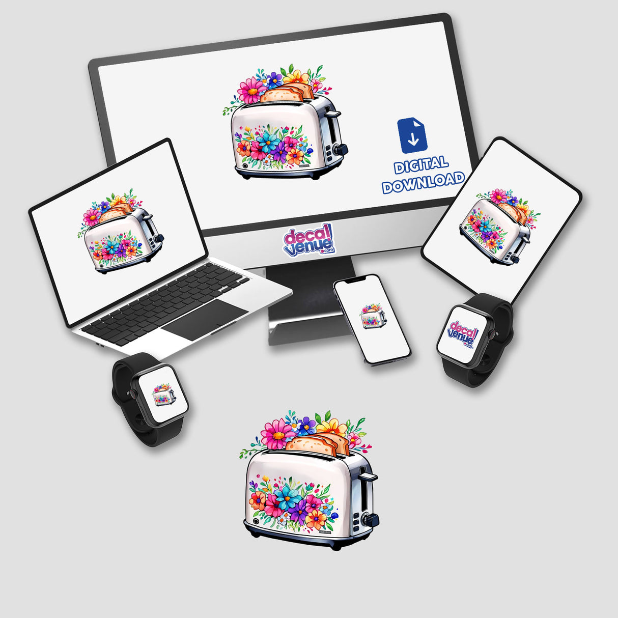 Blossoming Breakfast: Cute Toaster with Floral Splash displayed on a laptop and computer monitor screen, emphasizing its charming design for stickers or digital artwork.