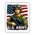 U.S. Army - American Soldier With Flag depicted in military uniform, helmet, and goggles, holding a gun. Available as stickers or digital artwork from Decal Venue.