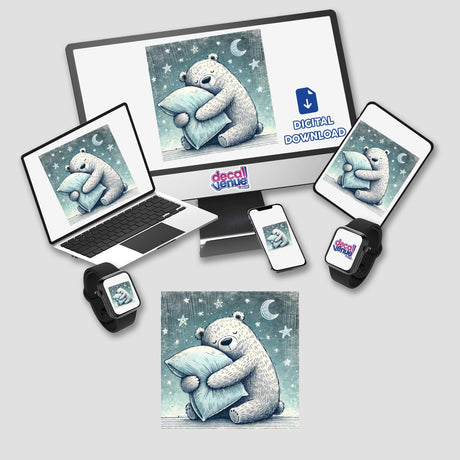 Sleepy Bear Hugging a Pillow Under the Star depicted on a laptop, phone, and computer monitor as stickers or digital artwork.