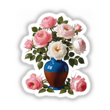 Beautiful Flower Bouquet Clipart - Pink and White Roses in Vase - Stickers or Download with Commercial Rights; showcases a detailed blue and brown vase with pink and white roses.