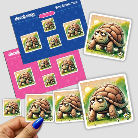 Hand holding stickers titled Grumpy Turtle in a Meadow, featuring various cartoon turtles with expressive faces.