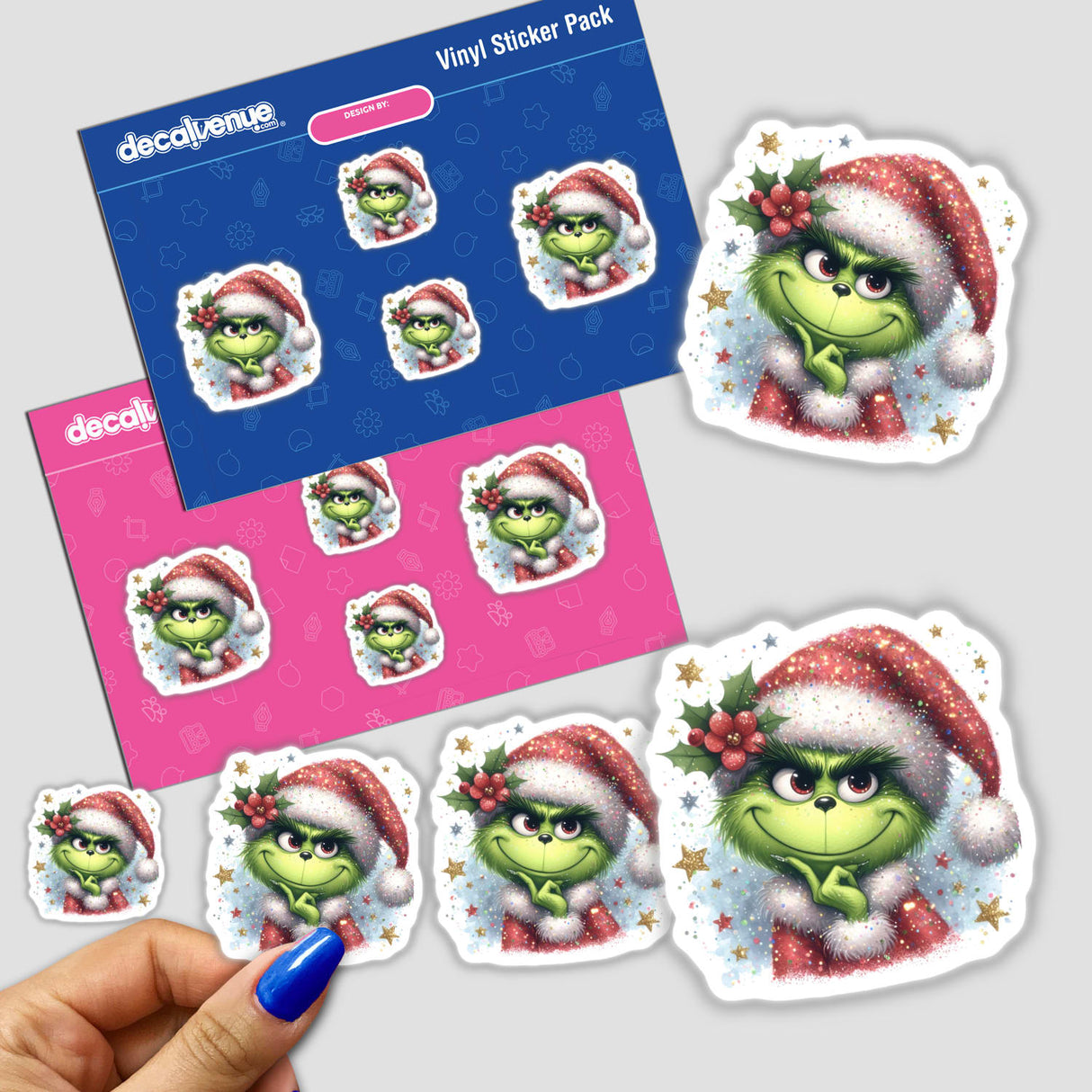 Thinking Mean Green Glitter Christmas Grouch sticker pack, featuring cartoon characters in Santa hats, including a Grinch-like figure, available as unique stickers or digital artwork from Decal Venue.