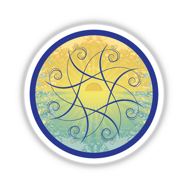 Vibrant digital artwork featuring a radiant sun surrounded by swirling, abstract patterns in shades of yellow, blue, and green. This "Sunrise Flower" design would make an eye-catching sticker or digital art piece.