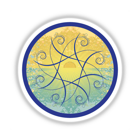 Vibrant digital artwork featuring a radiant sun surrounded by swirling, abstract patterns in shades of yellow, blue, and green. This "Sunrise Flower" design would make an eye-catching sticker or digital art piece.