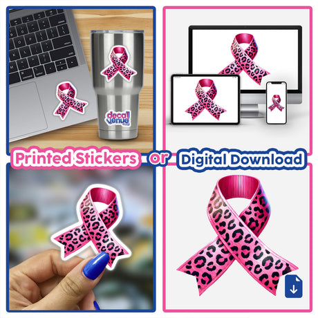 Leopard Spots Animal Print Pink Ribbon Breast Cancer stickers and digital artwork, featuring various pink ribbons with black leopard print patterns in a collage, including applications on a laptop and a stainless steel cup.