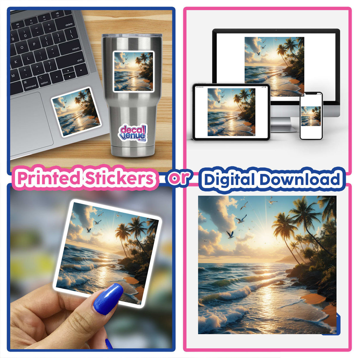 Golden Beach Sunset – Waves, Palm Trees, and Flying Seagulls collage featuring a beach scene and laptop, available as unique stickers or digital artwork from Decal Venue.