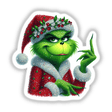 Cartoon of Up Your Chimney Green Grouch Rhinestone Santa, featuring a green character in a red and white Santa outfit, available as unique stickers or digital artwork from Decal Venue.