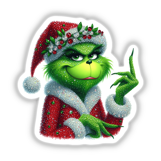 Cartoon of Up Your Chimney Green Grouch Rhinestone Santa, featuring a green character in a red and white Santa outfit, available as unique stickers or digital artwork from Decal Venue.