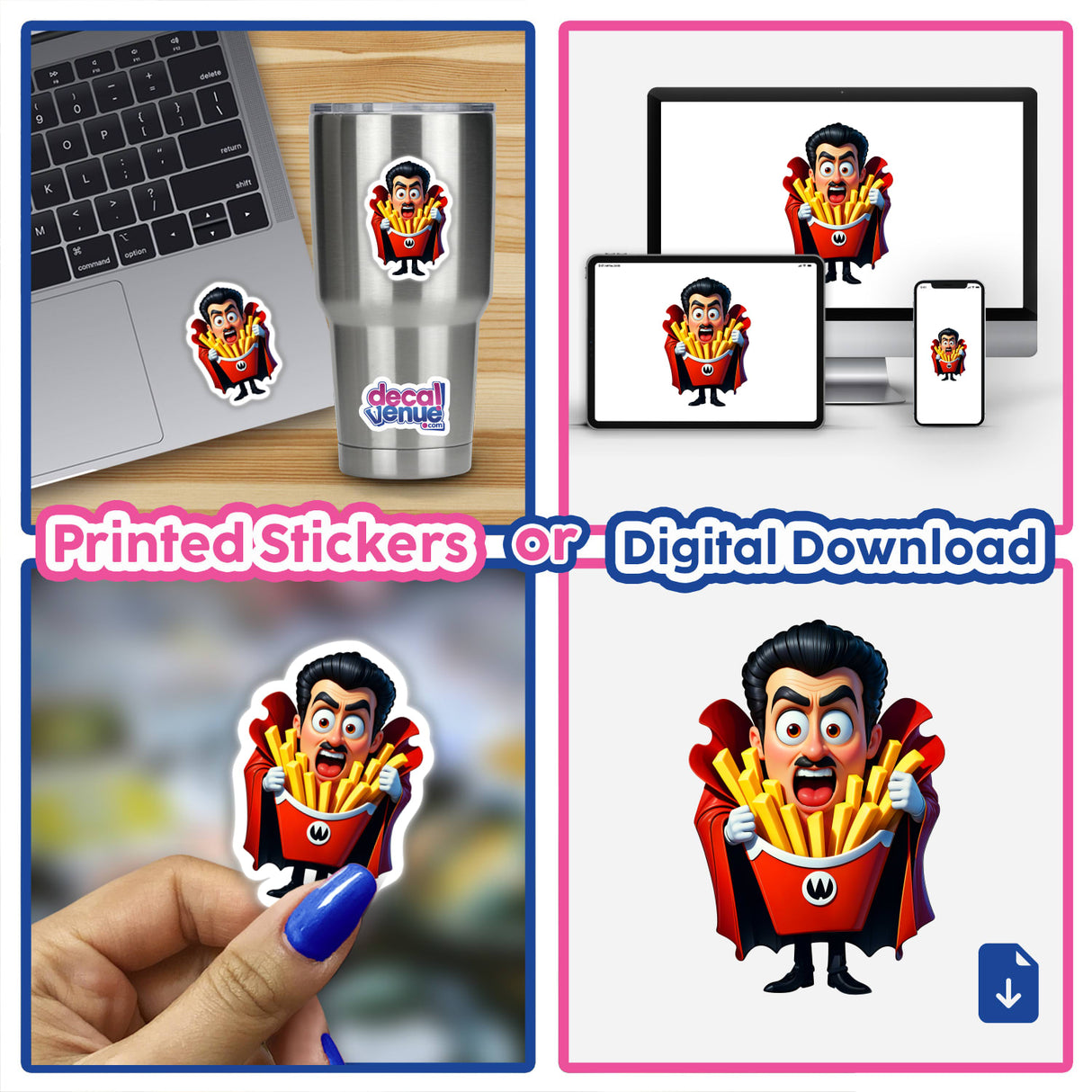 Funny Dracula French Fries sticker collage featuring a cartoon character holding fries, available as stickers or digital artwork, tailored for unique creative expressions from Decal Venue.