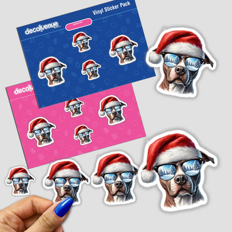 Sticker pack featuring a cartoon Pitbull dog wearing sunglasses and a Santa hat, titled Winter Sunglasses Christmas Santa Pitbull Dog. Available as stickers or digital artwork from Decal Venue.