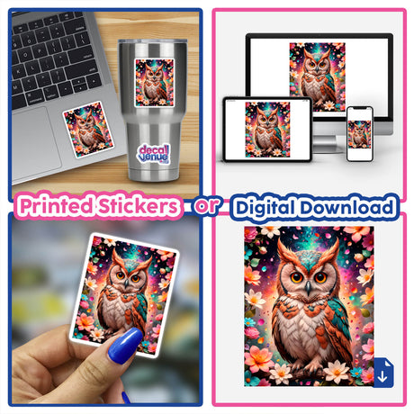 A collage featuring A Lovely Owl With Blooming Flowers design displayed on a laptop and a phone, showcasing a vibrant owl graphic, available as stickers or digital artwork from Decal Venue.