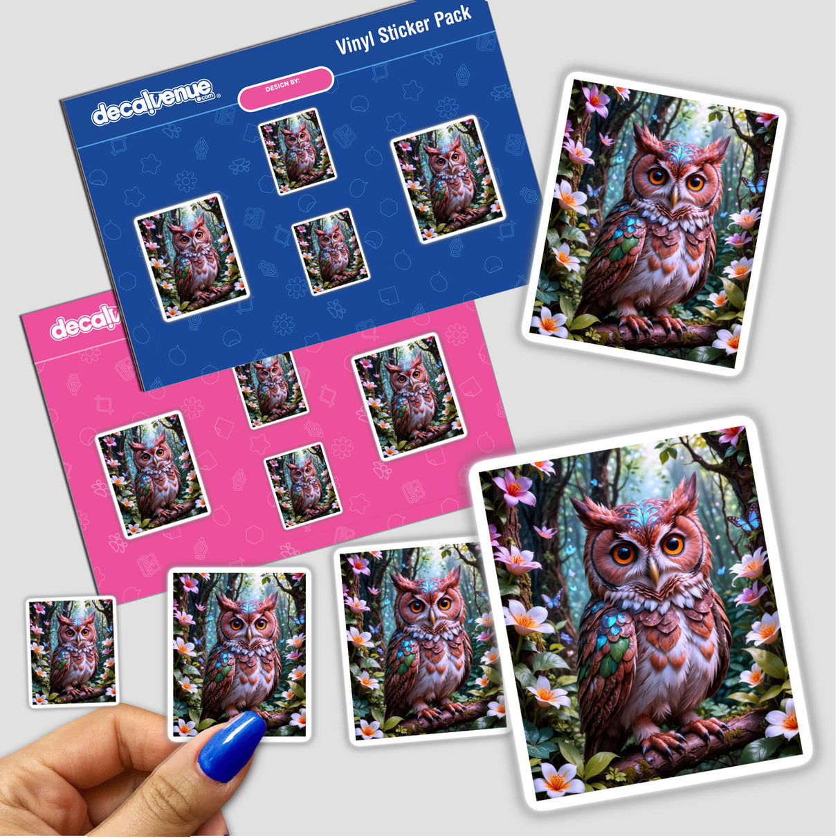 Sticker depicting A Lovely Owl With Blooming Flowers, featuring a colorful owl perched on a branch, held by a hand. Available as a sticker or digital artwork from Decal Venue.