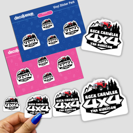 Rubicon 4x4 Rock Crawler sticker pack featuring a red jeep design, held in hand, showcasing text and mountain motifs. Available as stickers or digital artwork from Decal Venue.