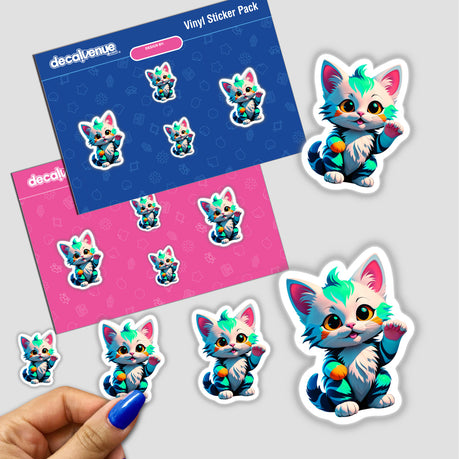 A Cute Little Kitten sticker pack featuring various cartoon cats with colorful stripes and hair, designed for adorning surfaces or as digital artwork from Decal Venue's unique collection.