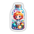 Adorable Chibi Girl in a Glass Bottle Surrounded by Stars and Planets, available as stickers or digital artwork from Decal Venue.