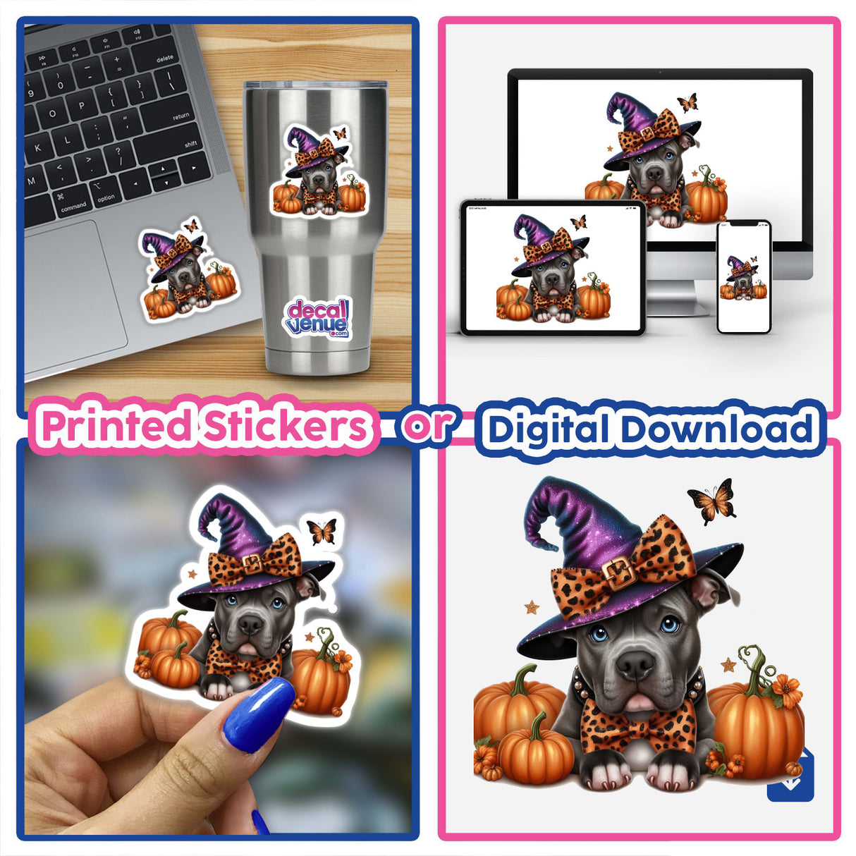 Resting Halloween Pitbull Witch w/Pumpkins collage featuring a dog in a hat and bow tie, a laptop with stickers, and close-ups of a finger and a pumpkin with flowers.