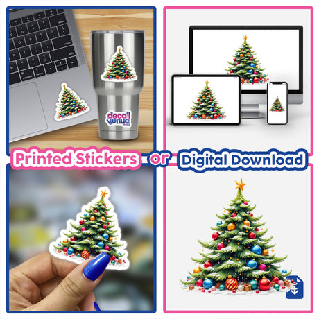 Watercolor Christmas Tree with Ornaments sticker shown on various items, including a silver mug and laptop. The design features festive decorations, available as stickers or digital artwork.