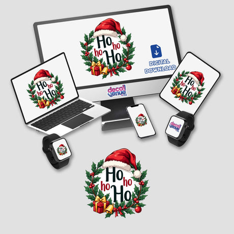 Vintage Christmas Wreath with Santa Hat displayed on various devices, including a computer monitor, laptop, tablet, and smartwatch, available as stickers or digital artwork.