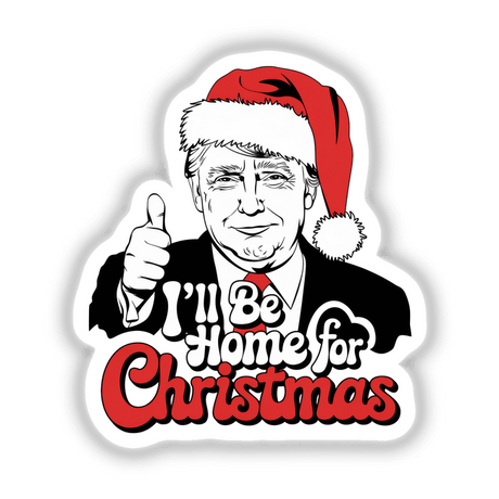 Man wearing a Santa hat, giving thumbs up, depicted in Trump in Santa Hat, I'll be home for Christmas MAGA IV sticker or digital artwork, available at Decal Venue.