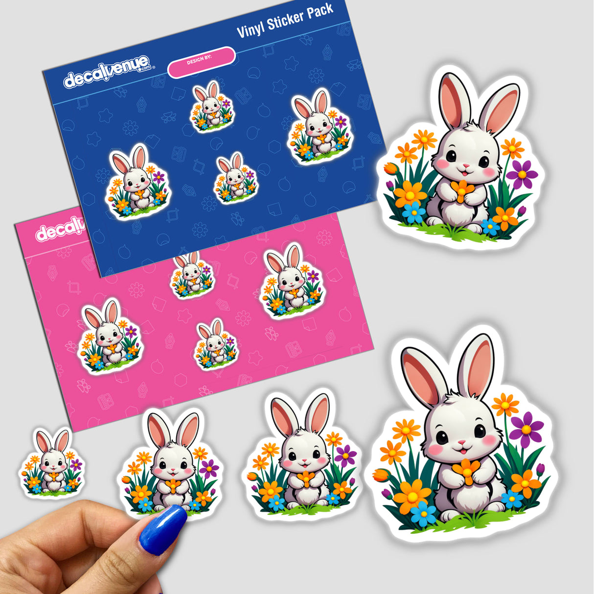 Cute Rabbit With Blooming Spring Flowers stickers featuring cartoon rabbits holding flowers, ideal for unique decoration. Available as tangible stickers or digital artwork from Decal Venue's distinctive collection.