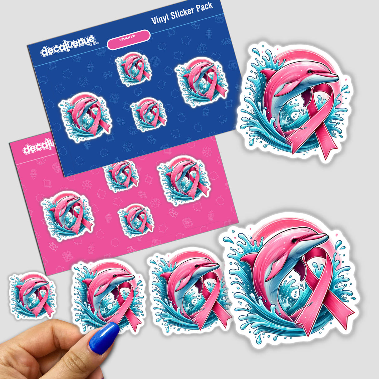 Dolphin Pink Ribbon Breast Cancer sticker featuring dolphins intertwined with a pink ribbon, symbolizing breast cancer awareness.