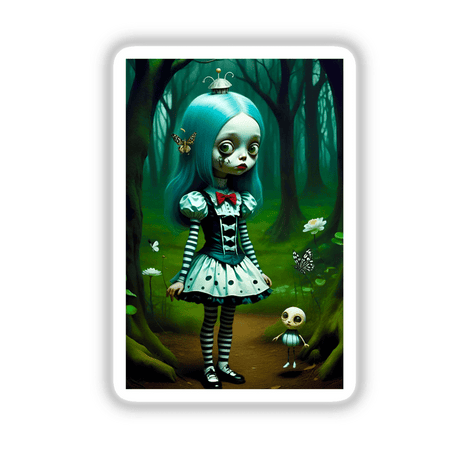 Cartoon of a blue-haired girl with a doll in a forest from Those Girls in the Woods, available as stickers or digital artwork.