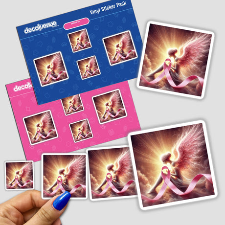 Guardian Angel - Wings Wrapped Around a Pink Ribbon sticker featuring a woman with wings and a pink ribbon, symbolizing support and awareness.