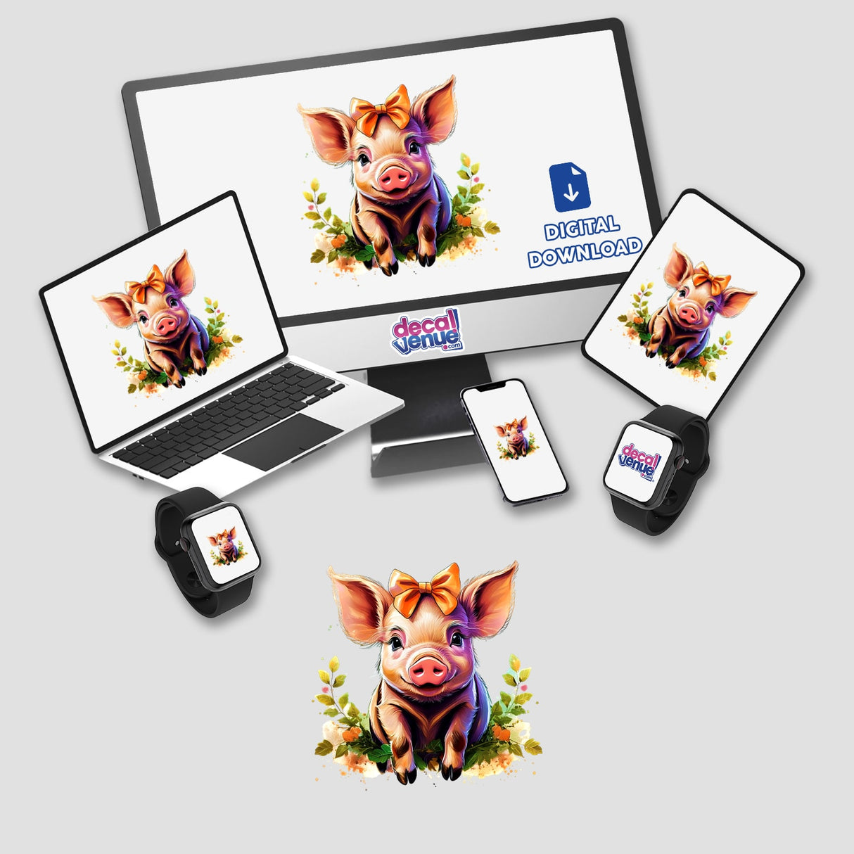 Computer monitor and laptop displaying cartoon piglet with a bow, available as stickers or digital artwork.