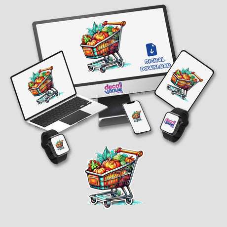 Colorful digital artwork of a grocery cart filled with fresh produce and groceries, showcased on various devices and product mockups. The image promotes the Decal Venue online store, which specializes in unique stickers and digital art created by talented designers to help customers express their style.