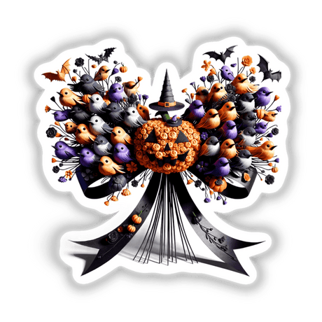 Whimsical Halloween bouquet with bats, pumpkins, and spooky birds adorning a magical brooch-like design.