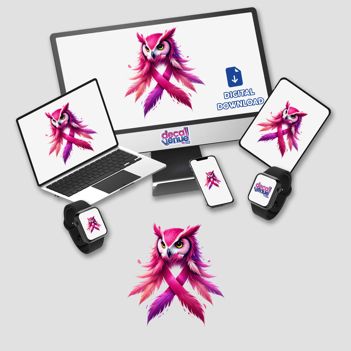 Owl Pink Ribbon Breast Cancer digital artwork featuring a pink owl with a pink ribbon on the screen of a laptop and monitor. Available as stickers or digital art.