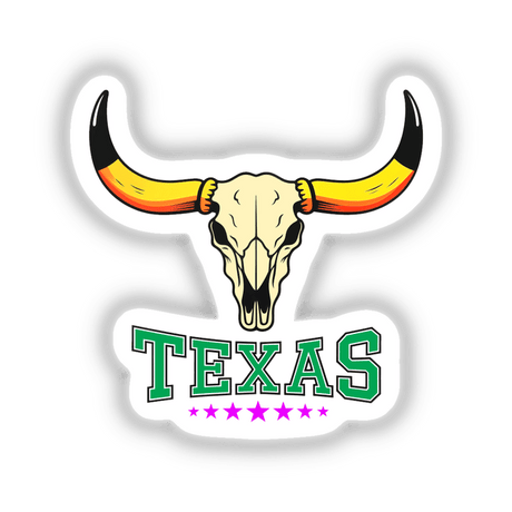 Texas USA Skull Design sticker featuring a bull skull with prominent horns, stylized text, and graphic elements, available as unique vinyl stickers or digital artwork from Decal Venue.