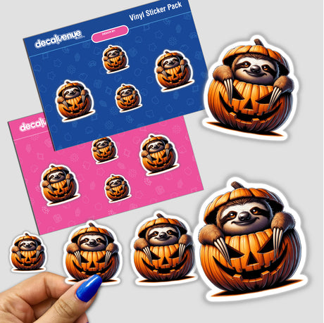 Whimsical Halloween-themed digital artwork featuring sloths peeking out of pumpkins, created by DecalVenue and available as a vinyl sticker pack for self-expression.