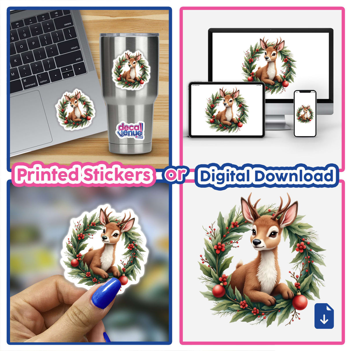 Collage featuring 'Reindeer in a Christmas Wreath' as stickers and digital artwork, showcasing cartoon deer designs on laptops and phones, highlighting Decal Venue's unique artistic offerings.